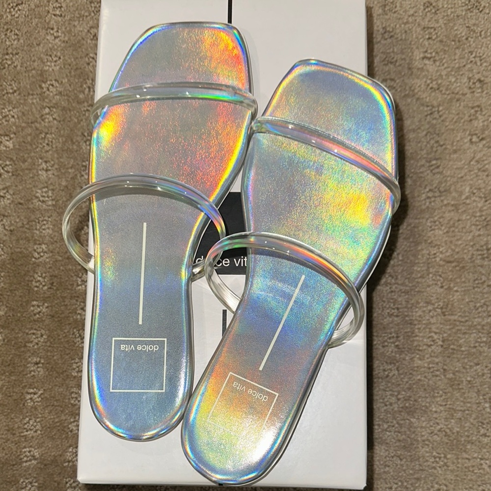 NIB-Dolce Vita Silver Sandals with Holographic Finish with Box